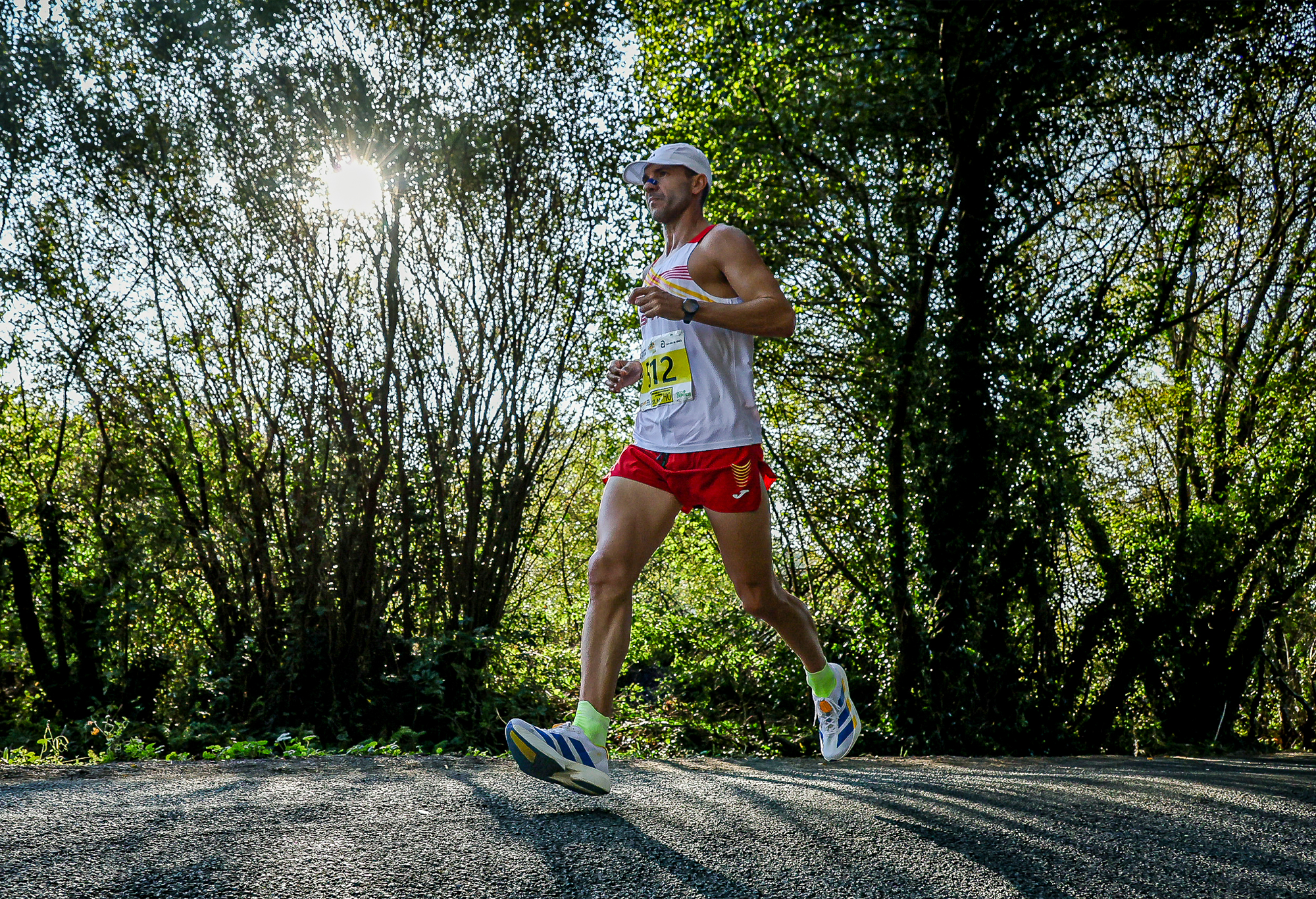 Runner on a tree-lined road during the 100 km World Championships in Ames